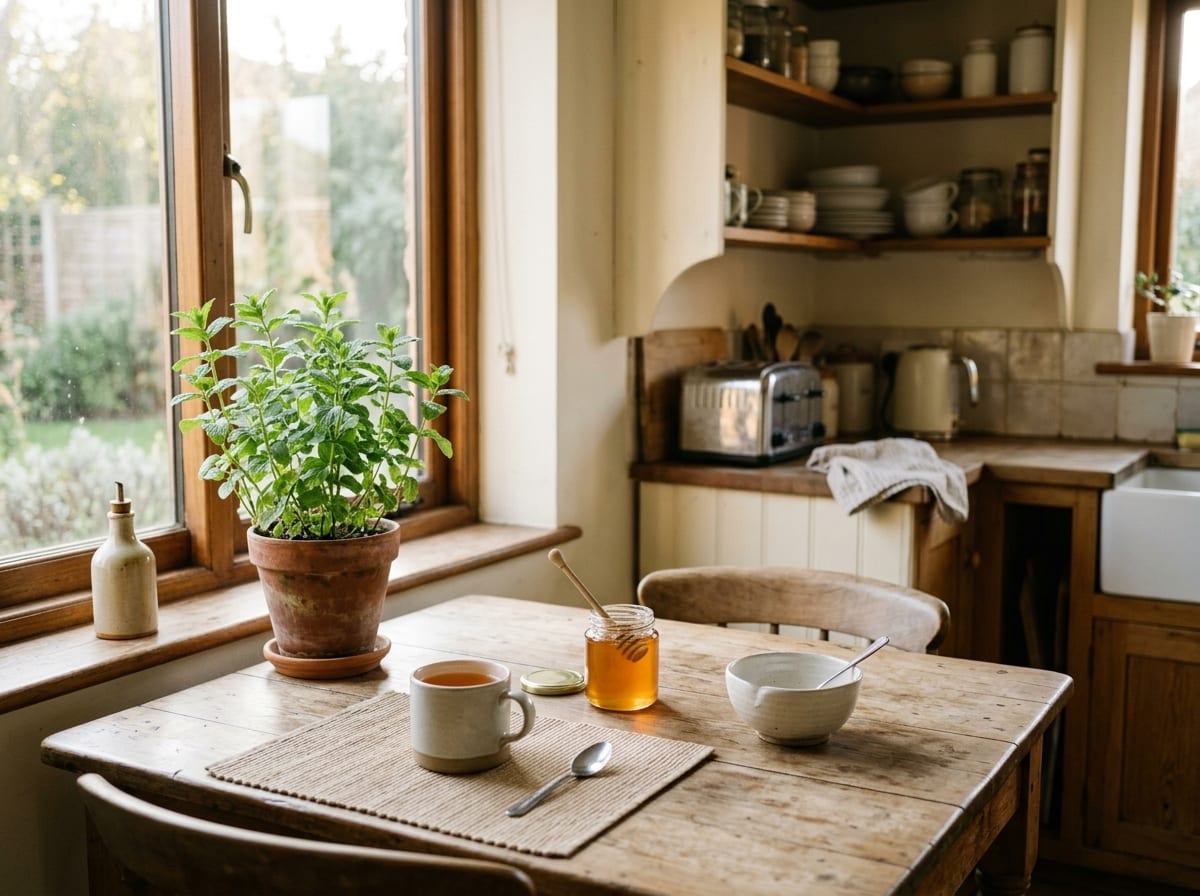 A sunlit home kitchen in the morning, with a jar of honey, a pot of fresh mint on the windowsill and a wooden table set for one.