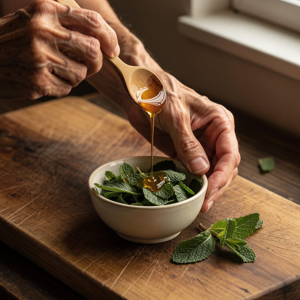 Close-up of hands drizzling honey from a wooden spoon into a small bowl of freshly crushed mint leaves.