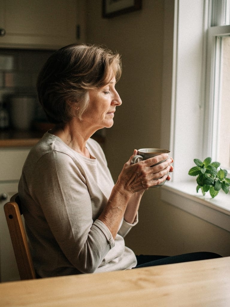 A woman in her sixties sits by the window with a cup of tea, eyes closed, enjoying a calm pause in her morning.